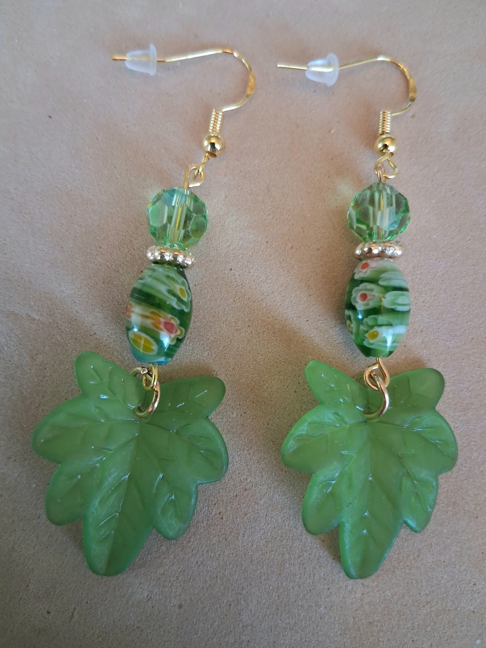 Handmade 2 1/2" Green Leaf Glass Bead Dangle Earrings - Women Jewelry